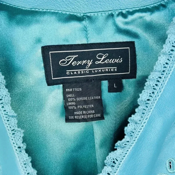 Vintage Terry Lewis Size Large Leather Coat Embroidered Eyelet Ruffle Teal - Picture 6 of 16